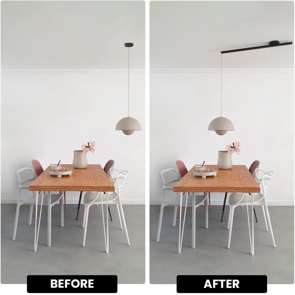 Foto dividida com um antes e um depois da mesa de jantar com uma luz pendente por cima antes e depois duas luzes pendentes por causa do lightswing depois.