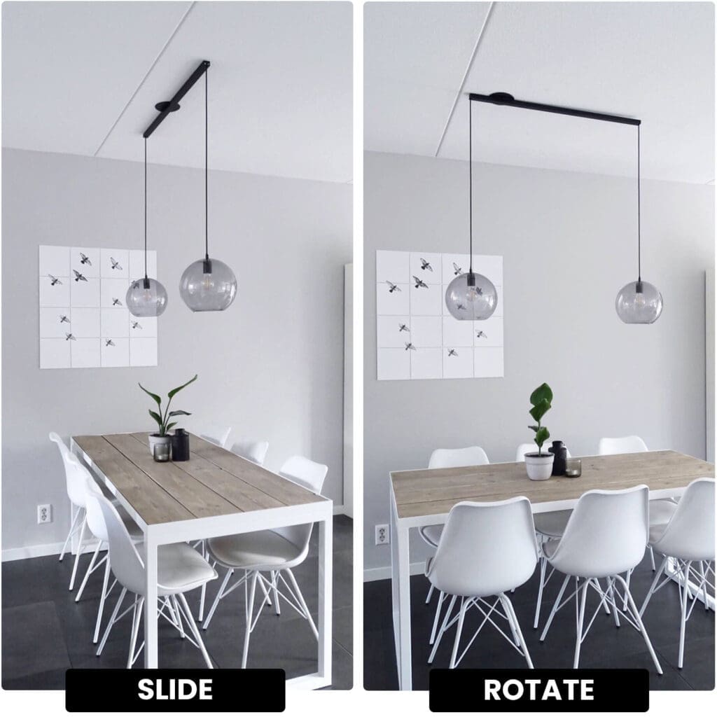 Foto dividida com um antes e um depois da mesa de jantar com uma luz pendente por cima antes e depois duas luzes pendentes por causa do lightswing depois.