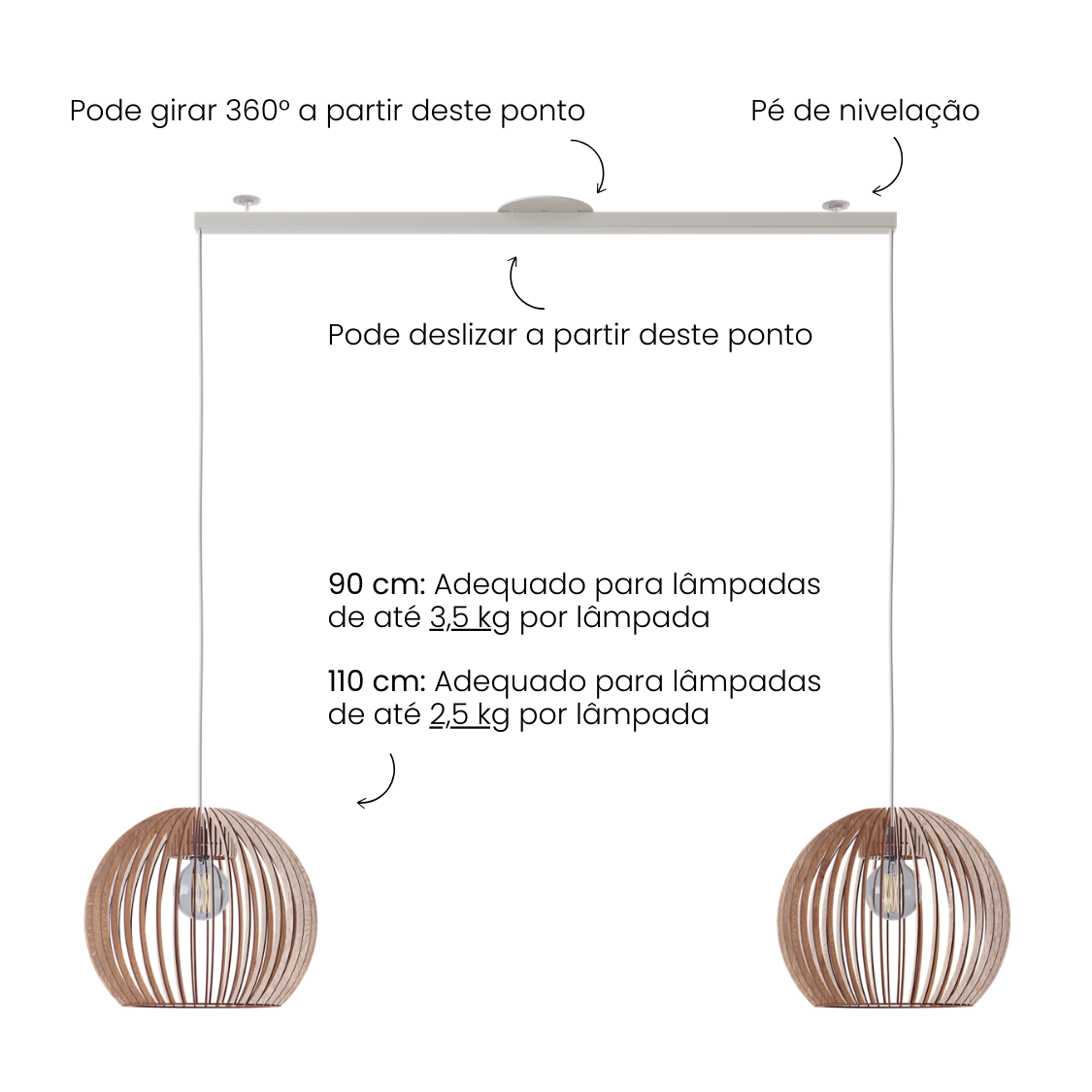 Lightswing imagem do produto com texto; - pode rodar 360 graus - pé de nivelação - pode deslizar a partir do meio - 90cm: adequado para candeeiros suspensos até 3,5 kg - 110cm: adequado para candeeiros suspensos até 2,5 kg